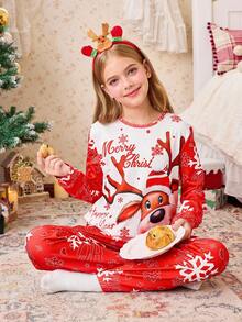 Girl's Autumn And Winter Playful And Fresh Cute Red And White Christmas Reindeer Snowflake Cute Printed Pattern Top And Red Background White Snowflake Red Christmas Blessing Printed Pattern Pants Suitable For Daily Home Leisure Sleep Christmas Party Wear - Red and White - View 3