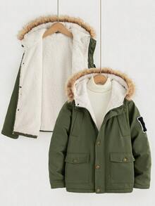Genkimix Kids 1pc Boys' Autumn/Winter New English Letter Printed Military Green Front Pocket Zipper Hooded Thickened Casual Windbreaker Coat Fall - Army Green - View 4