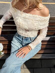 SHEIN Frenchy Blusa elegante de mujer con hombros descubiertos y bordado de encaje, para otoño/invierno
