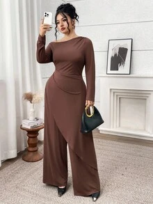 Modelyn Conjunto de 2 piezas de talla grande con top asimétrico de unicolor y pantalones de pierna ancha para uso diario - Café integral - Ver 6