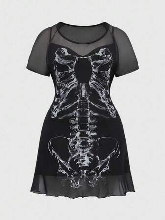 Goth Plus Size Vintage Romantic Dark Gothic Skeleton Bodycon Dress