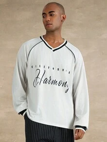 STYNVO Men's Contrast Color Raglan Sleeve V-Neck Printed Long Sleeve T-Shirt Academia Men Christian Men Pajamas Summer Tops, For Fall - Apricot - View 1