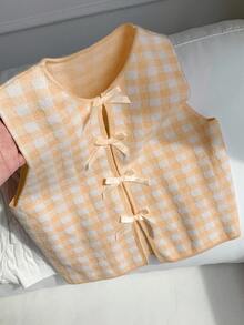 Comfortcana Women's Autumn Checkered Sleeveless Casual Knit Top With Bow Decor