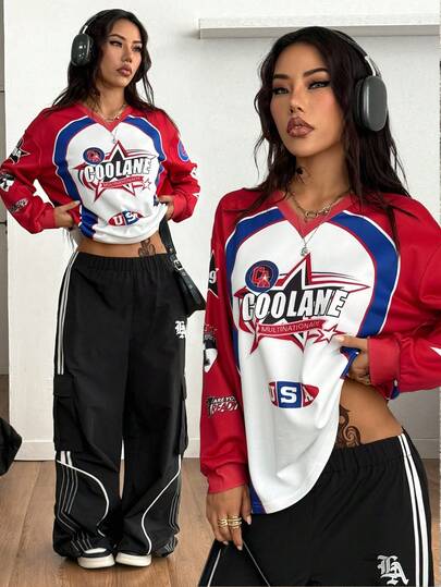 Coolane 女士秋冬街头情侣同款运动装图案舒适宽松长袖 V 领卫衣