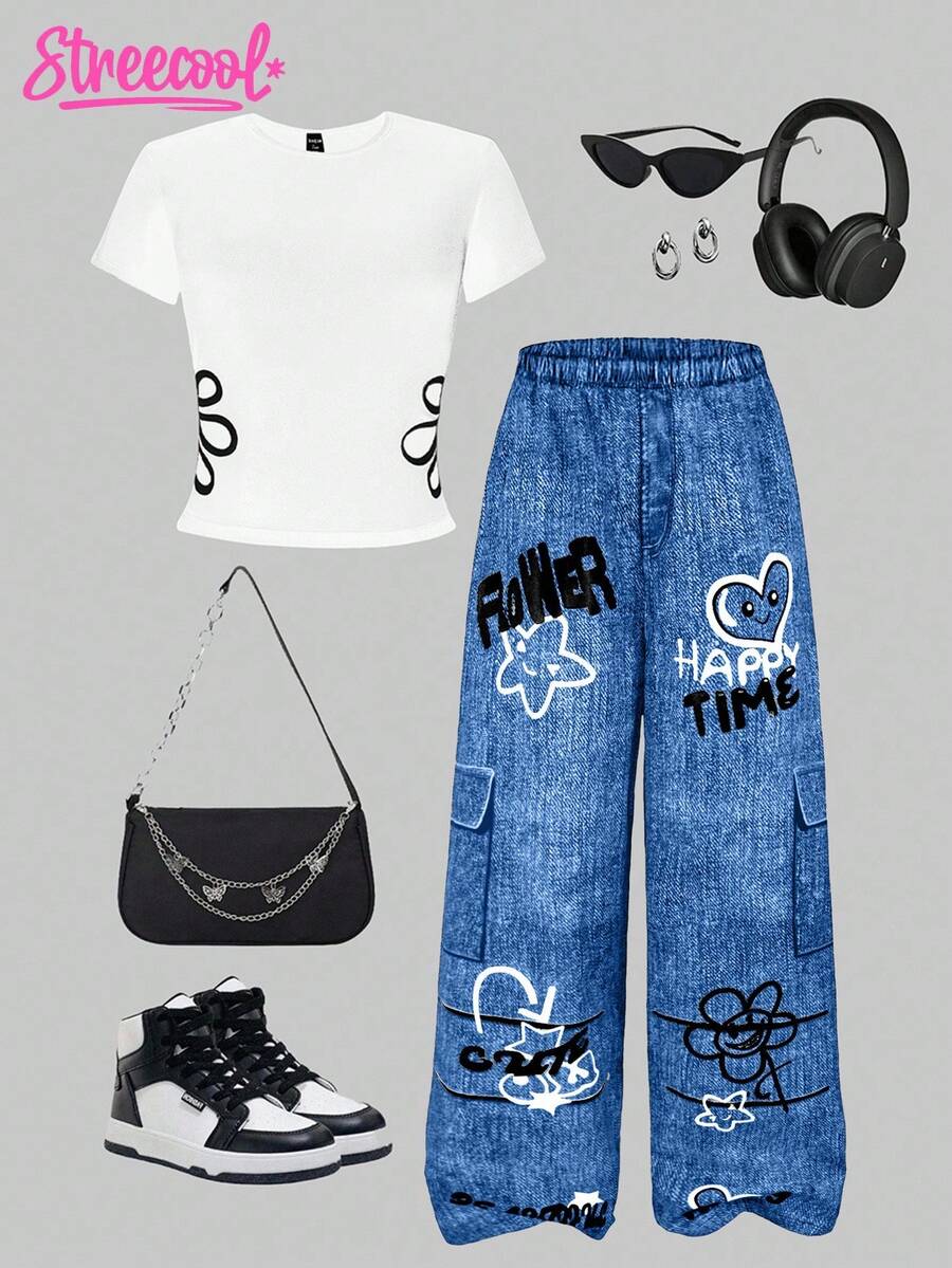 Explorewe 2 件套青少年女孩舒适运动镂空花卉印花短袖上衣和休闲裤套装，夏季、街头服饰、演唱会服装 - 白色 - 查看 1