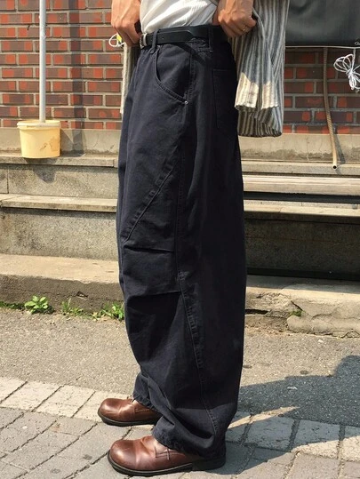 DAZY 海军蓝色褶皱设计宽松喇叭裤男士秋季