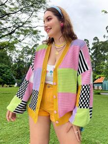 Solflare Plus Dopamine Striped & Checkered Pattern Drop Shoulder Cardigan In Fall/Winter