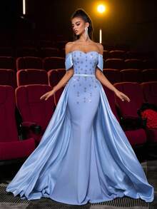 Glamrae Elegant Luxurious Blue Rhinestone Off-Shoulder Mermaid Dress With Detachable Ruffle Hem, Suitable For Weddings, Parties, Vacations, Galas, Formal Events (Heavy Embellishment) - Blue - View 2