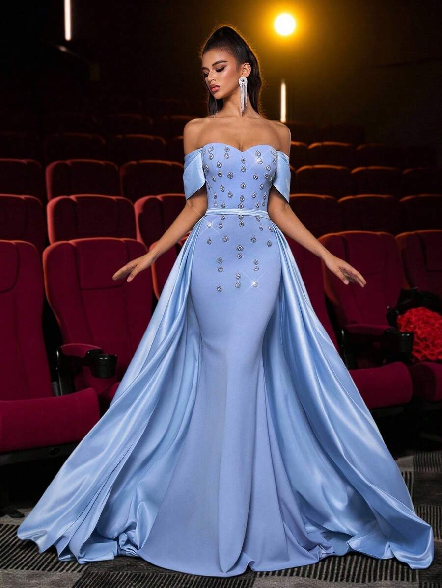 Glamrae Elegant Luxurious Blue Rhinestone Off-Shoulder Mermaid Dress With Detachable Ruffle Hem, Suitable For Weddings, Parties, Vacations, Galas, Formal Events (Heavy Embellishment)