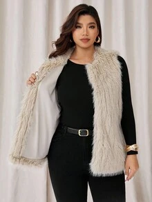 Auralis 大码女装秋冬时尚优雅宽松舒适日常百搭杏色人造毛皮马甲外套女士冬装冬装 - 杏色 - 查看 3