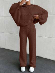 EURMUSE Casual Cable Knit Hooded Crop Sweater & Cable Knit Sweater Pants 2 Pieces Co-Ords,Loungewear Set,Petite,Winter Clothes - Brown - View 3