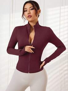 SHEIN Sports 简约舒适立领拉链休闲百搭运动夹克 - 紅色 - 查看 3