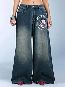 Betty Boop | ROMWE Quần jeans ống rộng thêu họa tiết hoạt hình giặt thường ngày cỡ lớn - Màu xanh lam - Xem 3