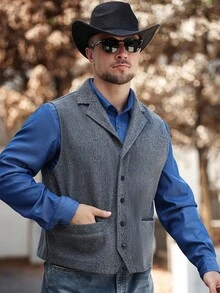 Manfinity Nomadique Men's Western Style Lapel Neck Single-Breasted Casual Woolen Warm Pocket Country Western Vests, Fall - Dark Grey - View 4