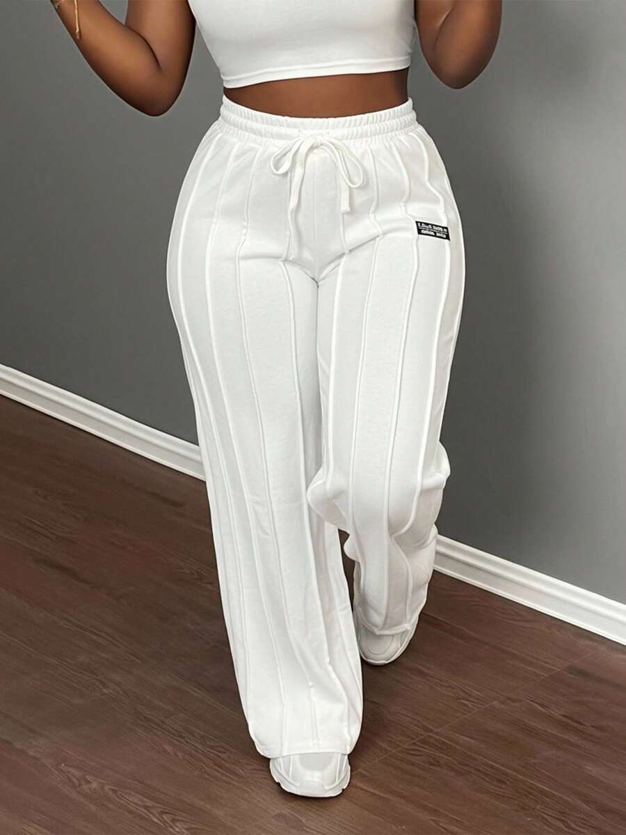 Slaydiva 女士休闲日常通勤运动字母抽绳腰部前缝宽松阔腿裤 - 白色 - 查看 1