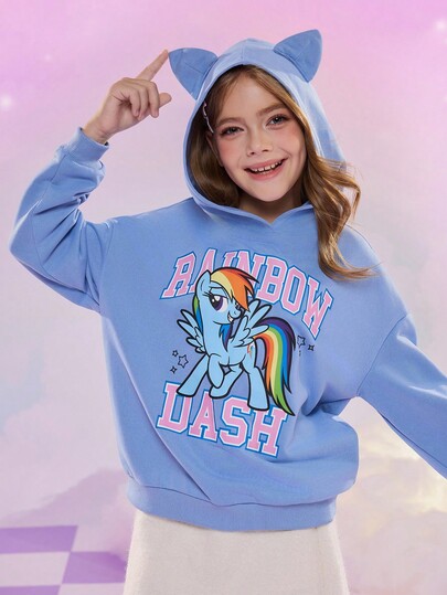 My Little Pony X SHEIN Bluza z kapturem dla nastolatek z uroczym nadrukiem kreskówkowym i literami, z luźnymi ramionami i trójwymiarowym wzorem uszu, idealna na wiosnę/jesień