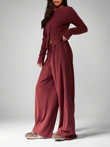 MISSGUIDED 柔软触感酒红色纽扣两件套长袖露脐上衣搭配阔腿裤，休闲家居服，秋冬皆宜 - 鏽棕色 - 查看 5