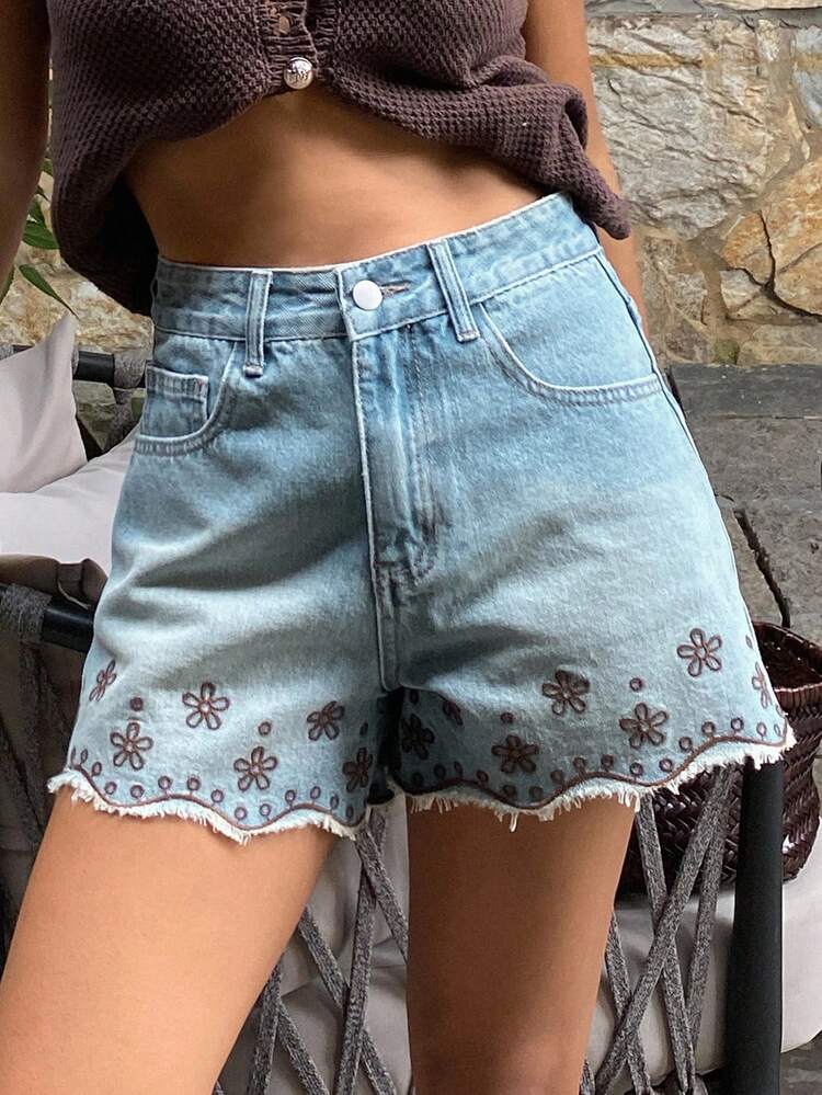 Women's Summer Floral Embroidery Lace Trim Frayed Hem Casual Denim Shorts Y2k Jorts