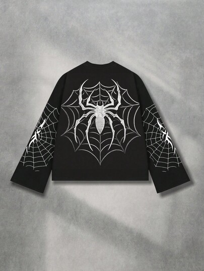 Street Life Men's Casual Spider Print Long Sleeve T-Shirt, For Fall