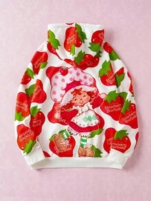 Strawberry Shortcake X SHEIN 男士休闲草莓和卡通图案落肩连帽衫，秋季 - 白色 - 查看 1