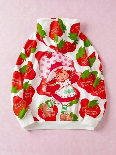 Strawberry Shortcake X SHEIN 男士休闲草莓和卡通图案落肩连帽衫，秋季