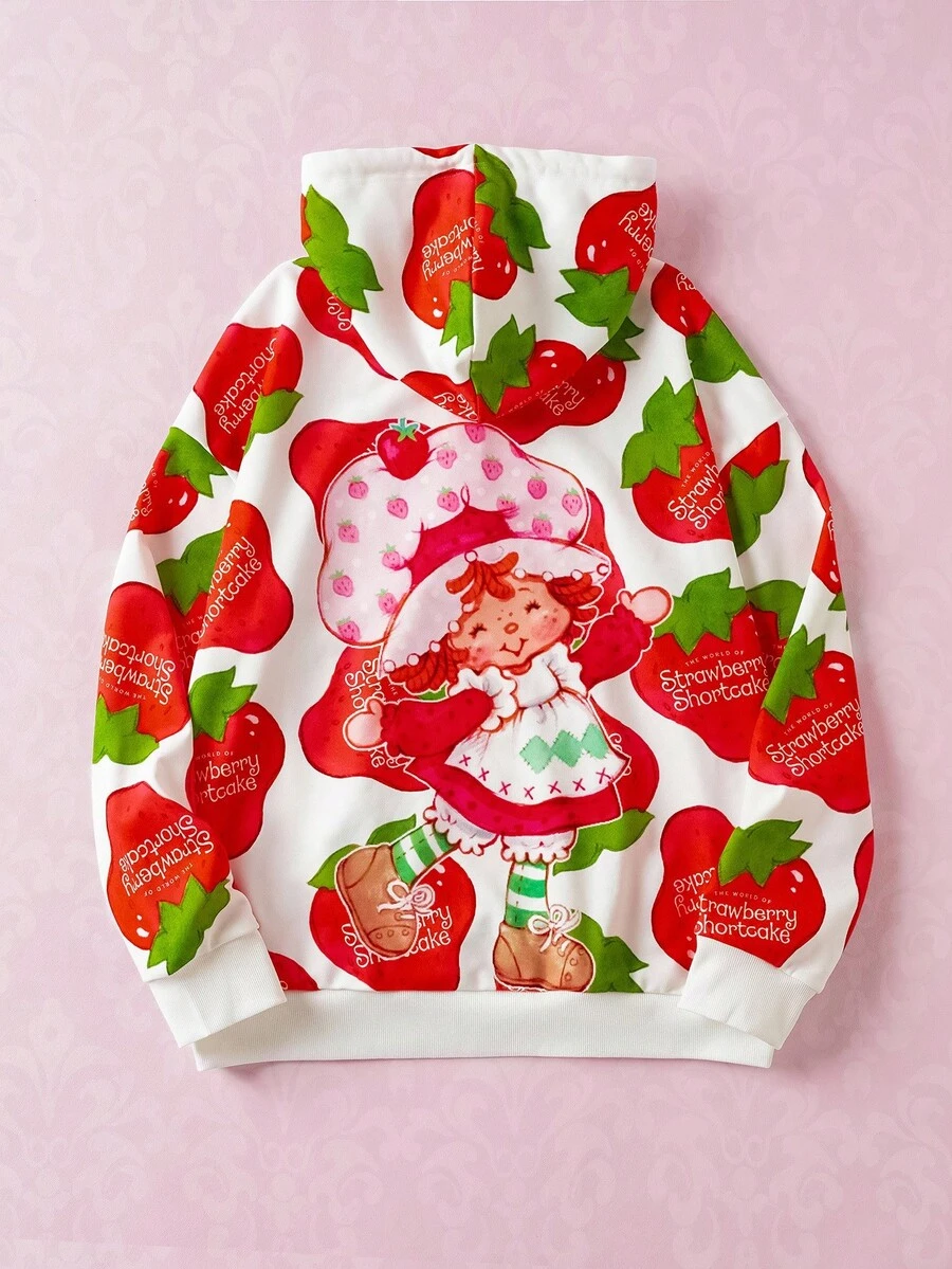 Strawberry Shortcake X SHEIN 男士休闲草莓和卡通图案落肩连帽衫，秋季 - 白色 - 查看 1