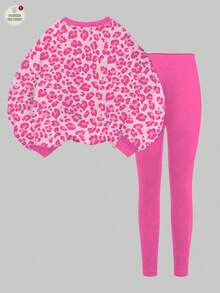 SHEIN Leap Crew 2 件套青少年女孩休闲简约粉色豹纹印花和可爱卡通图案圆领舒适长袖运动衫和紧身裤套装，适合秋冬季
