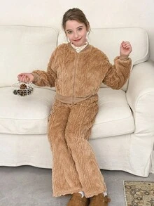 LMoss Kids LMoss  2pcs Tween Girls Solid Color Knit Fleece Casual Jacket And Pants Set Teen Girl Brown Set Tween Matching Set Knit Young Girl Warm Furry Vest Set,Christmas,Styles Confortables D'automne&Hiver,Gemütliche Herbst- & Winterstile,Cozy Fall & Winter Styles