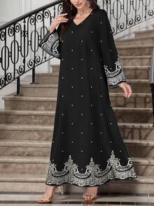 SHEIN Najma Women's Floral Print White Polka Dot Black Fashion Long Sleeve Elegant Arabic Style Maxi Dress, Spring/Autumn