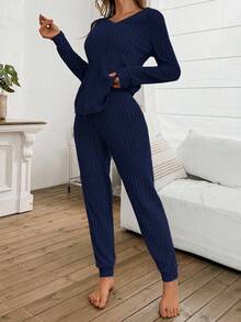 SHEIN 女式罗纹羊毛 V 领休闲家居套装，长袖上衣和裤子，适合睡衣或外套舒适套装女式两件套家居套装，秋冬装 - 藏蓝色 - 查看 5