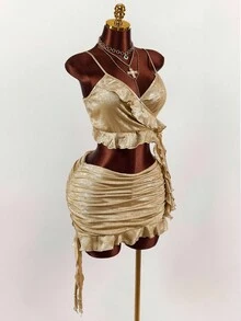 Amplova Y2K Amplova Fall/Winter Christmas New Year Thanksgiving Party Sexy Elegant New Year Tight Pleats Ruffles Party Cropped, Flowy Ruffled 2 Pieces Set For Women