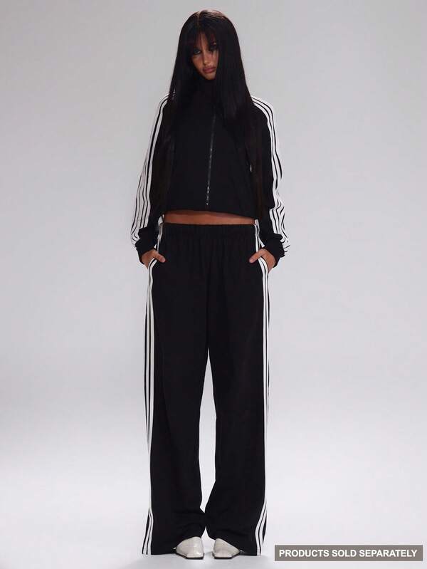 MUSERA Pantalones de chándal de pierna ancha con ribete de rayas de contraste, solo Bottom del chándal, lindo, casual, de vuelta al colegio, para otoño, trabajo, ropa deportiva, corporativa, para correr, invierno