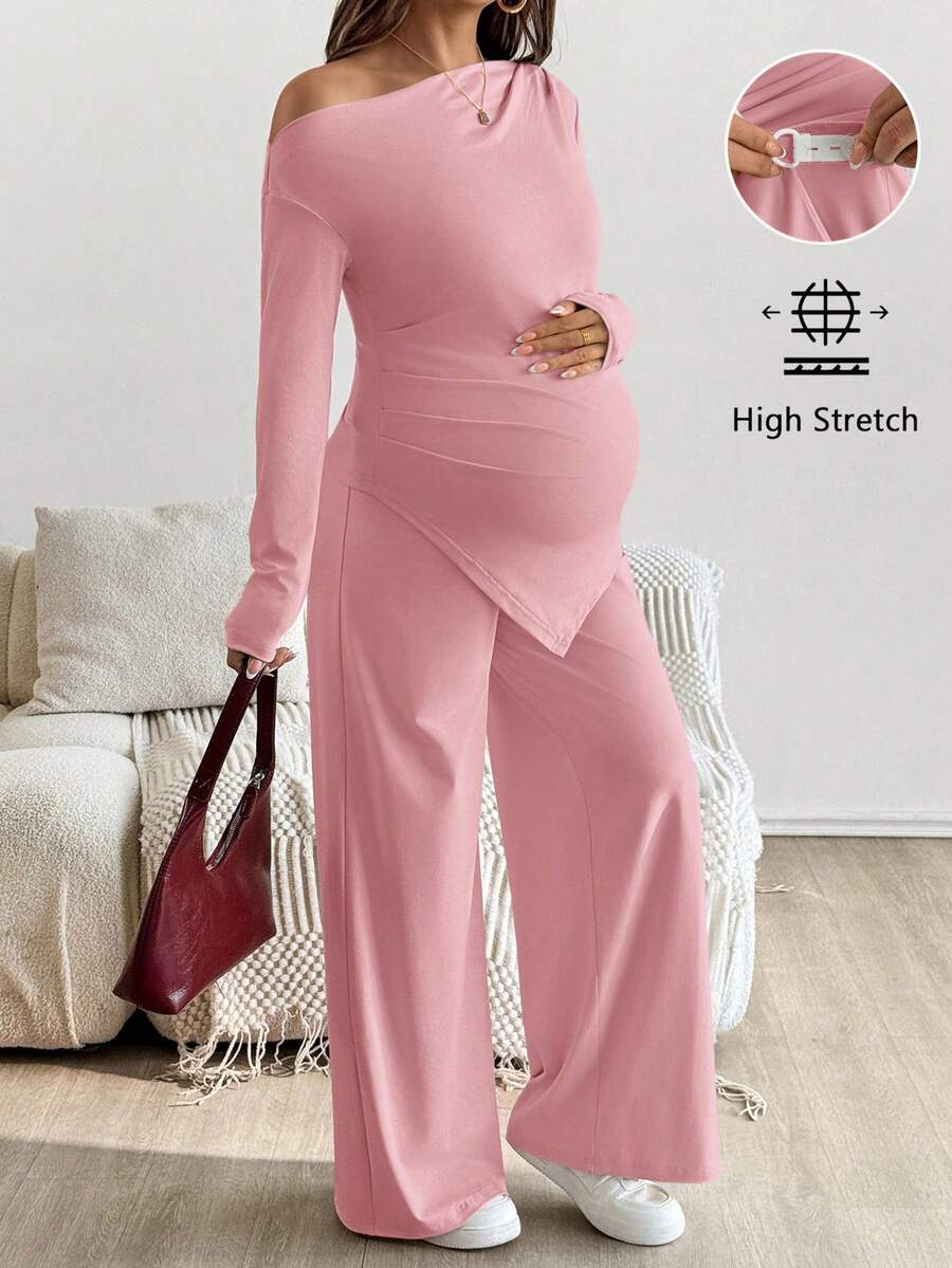 SHEIN 2 件孕妇休闲纯色不对称上衣和裤子套装孕妇装 2 件孕妇套装女士产后衣服孕妇装 - 粉色 - 查看 1