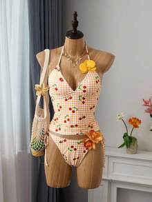 SHEIN Swim Summer Sweet Cherry Plaid Bikini Set - Multicolor - View 8