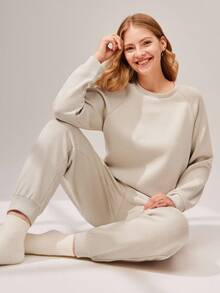 LUVLETTE Autumn And Winter Winter Classic Crewneck Basics Pajama Loungewear Sweatshirt Casual Comfy Outfits Activewear Lingerie As Outerwear Fall Pajamas Clothes Lounge Sets For Women & Pajama Dressing - Beige - View 5