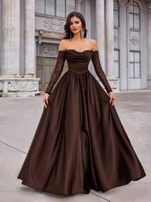 Aureia Đầm maxi satin xếp ly tay ngắn, trễ vai, xuyên thấu, viền ren, màu đen sang trọng, thanh lịch, phù hợp cho đám cưới, tiệc tùng, kỳ nghỉ, dạ hội, hẹn hò, các dịp trang trọng (chất liệu dày dặn), thích hợp cho ngày Valentine. - Cà phê nâu - Xem 6