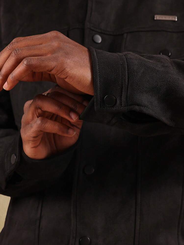 Black Suede Trucker Jacket With Metal Button Closure