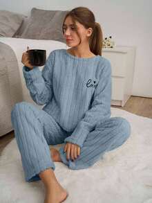 EURMUSE 2pcs Striped Fuzzy Fabric With Slogan Embroidery Detail Homewear PJ Set - Cadet Blue - View 4