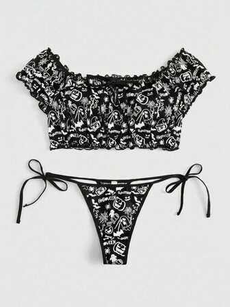 Goth Set di lingerie gotica e dark da Ognissanti, con stampa di pipistrelli e fantasmi, scollo a spalle scoperte, allacciatura e apertura cavallo