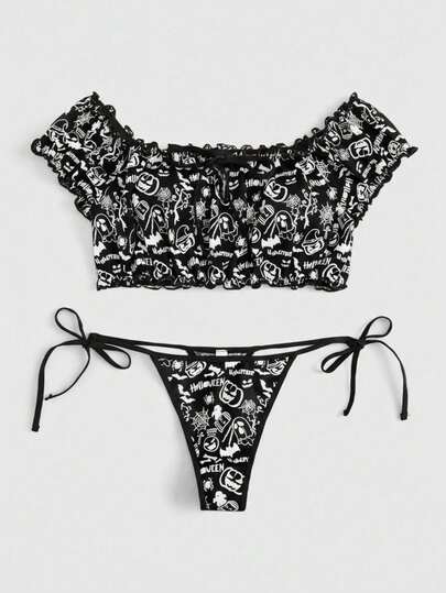Gothic Dark Halloween Mesh Bat & Ghost Print Off-Shoulder Lace-Up Crotchless Lingerie Set