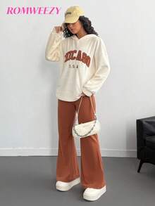 Set de 2 piezas: Sudadera holgada con cordón y textura de franela de unicolor con bordado + Pantalones acampanados de felpa, conjunto informal de otoño/invierno para adolescentes - Albaricoque - Ver 3