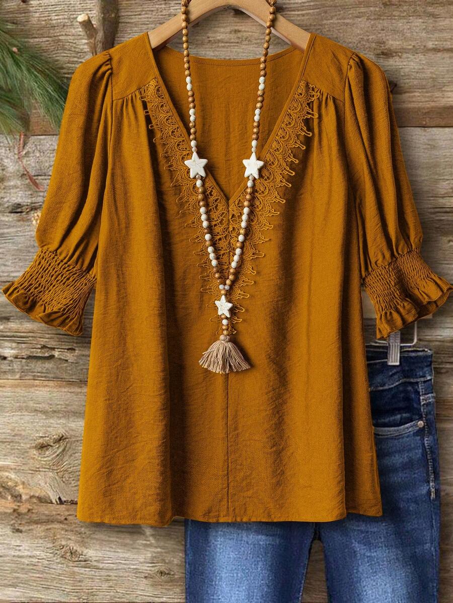Linhara Áo cánh vải lanh pha trộn phong cách Bohemian cỡ lớn, tay áo 3/4, cổ bèo nhún, thanh lịch, thường ngày - Màu vàng - Xem 1