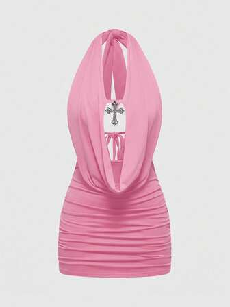 Grunge Punk Robe mini à col ras-du-cou avec nœud devant, imprimé léopard sexy du millénaire