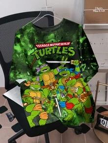 TEENAGE MUTANT NINJA TURTLES | SHEIN 男士休闲时尚街头卡通乌龟和字母扎染印花宽松 T 恤，夏季 - 白色 - 查看 1