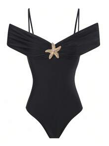 Swim Oasis 2pcs/Set Women One-Piece Swimsuit + Mesh Skirt Two Pieces Set, Off Shoulder, Starfish Decor, Solid Color, Fashionable Casual Vacation Swimwear, Spring/Summer