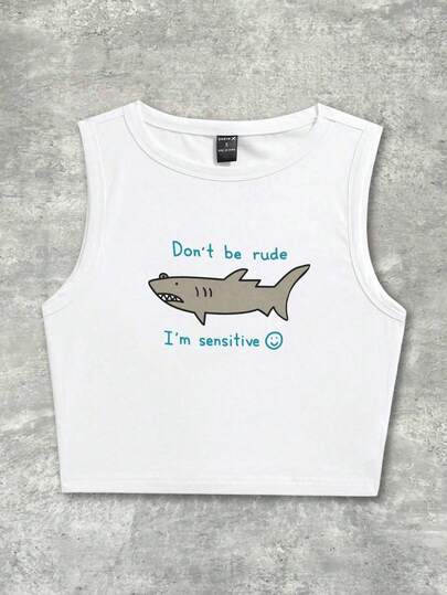 Y2Kool EVERYDAYFISH Top corto con eslogan de artista y gráfico de tiburón "No seas grosero, soy sensible", para mujer, 95% algodón, sin mangas, para verano, vacaciones, playa, salir, festivales, estilo Ibiza, ropa occidental de otoño