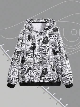 Black Jack X ROMWE بلوزة نسائية مطبوعة بالكامل بأكمام طويلة وسحاب وقبعة