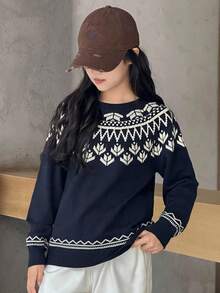 Dazy Kids Girls' Scoop Neck Long Sleeve Sweater, Autumn - Navy Blue - View 4