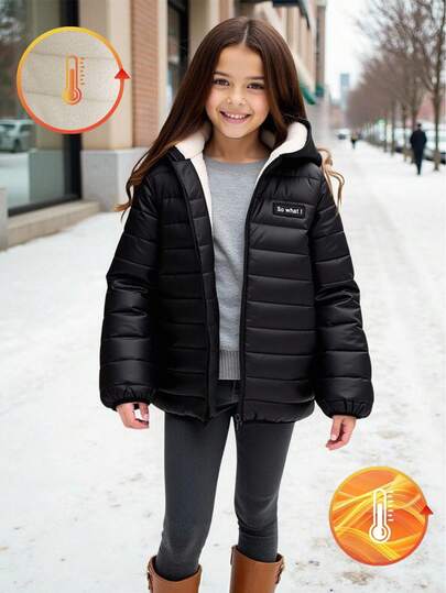 SHEIN Tween Girl Casual Hooded Zip-Up Long Sleeve Thermal Lined Winter Parka Coat, Suitable For Commuting, School, Casual, Travel, Autumn/Winter, Black Fall