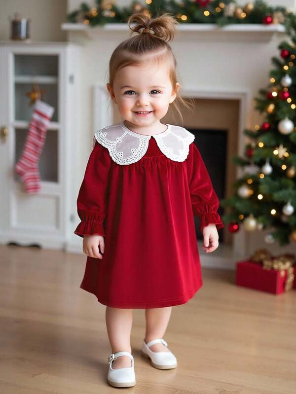 Playful Pals Vestido de princesa de terciopelo burdeos retro con cuello bordado con flores para bebé niña, elegante y de moda, adecuado para reuniones con amigos, salidas diarias, un regalo pensado para tu pequeña